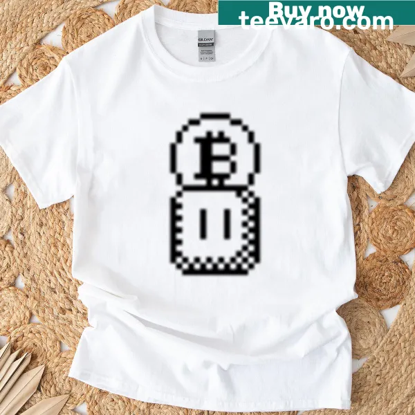 Retro style T-shirt with 8-bit Bitcoin gaming graphic