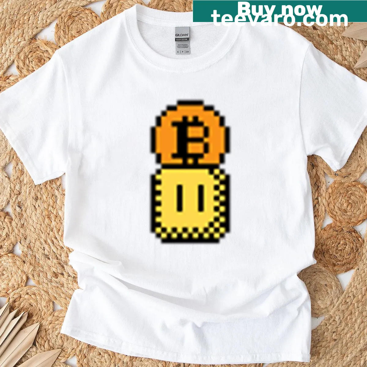 Retro 8-bit Bitcoin graphic T-shirt for gamers — on a men's t-shirt