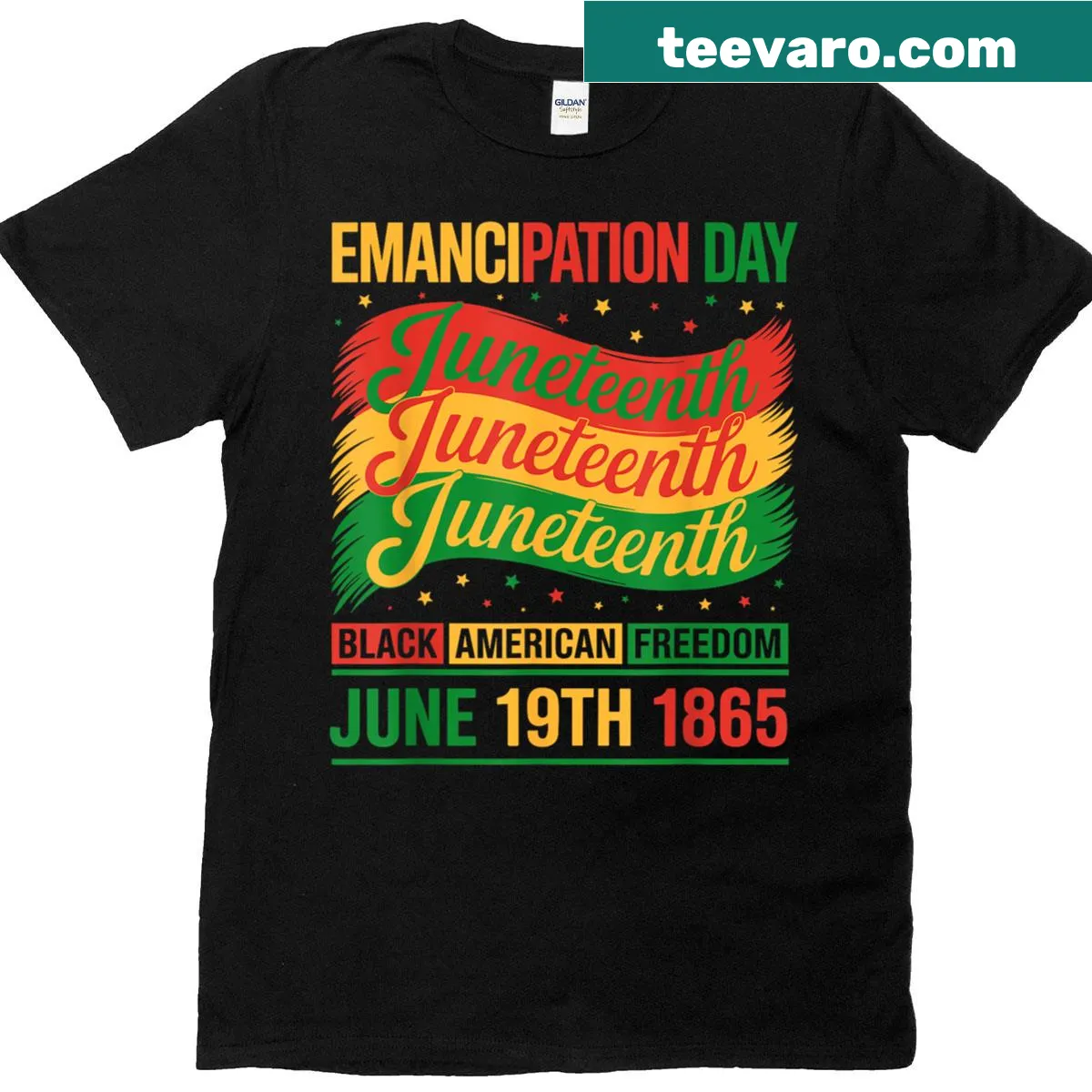 T-shirt celebrating Black American freedom since 1865 — on a men's t-shirt