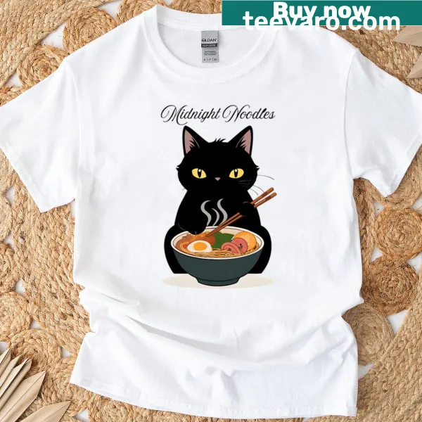 Illustrated T-shirt featuring a black cat with a bowl of noodles