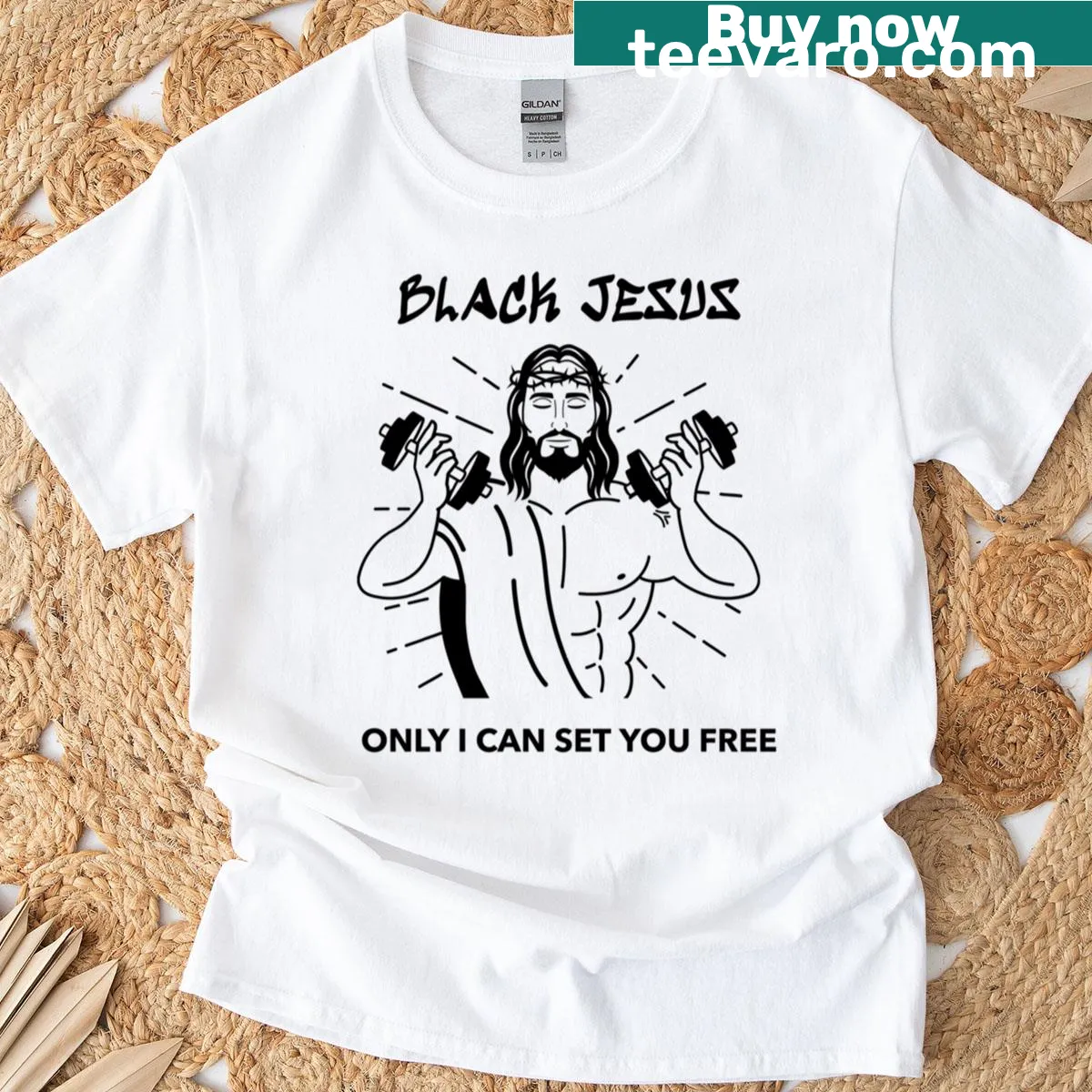 Bold typography Black Jesus T-shirt conveying faith and empowerment — on a men's t-shirt