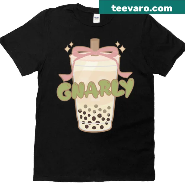 Illustration of boba tea with gnarly text on an oversized t-shirt