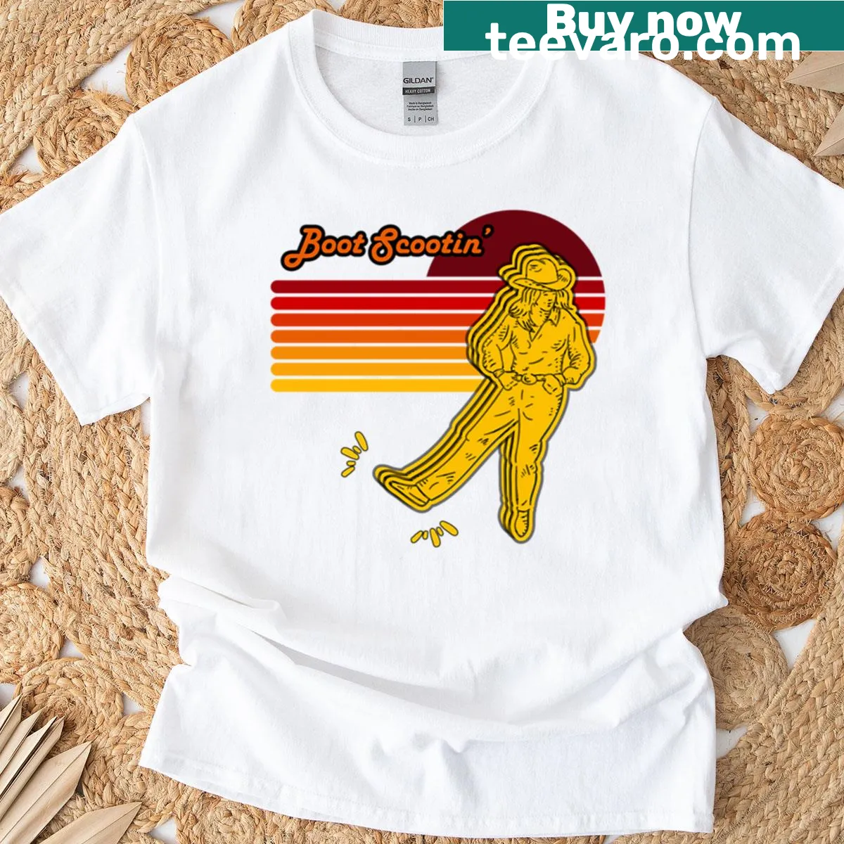 Graphic t-shirt celebrating boot scootin' dance culture. — on a men's t-shirt