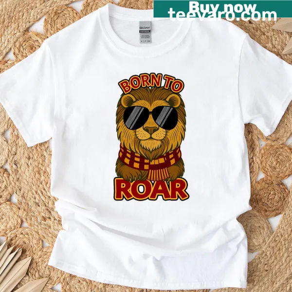 Whimsical Born To Roar t-shirt featuring a lion wizard illustration