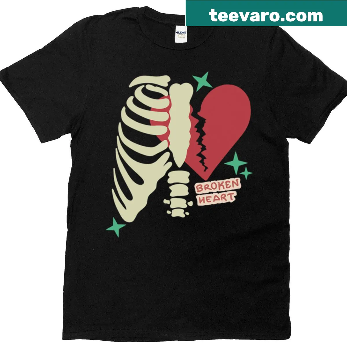 Illustration of a broken heart intertwined with a rib cage on a t-shirt — on a men's t-shirt