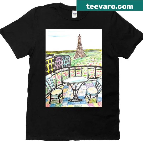 Illustration of a Parisian brunch scene on a t-shirt
