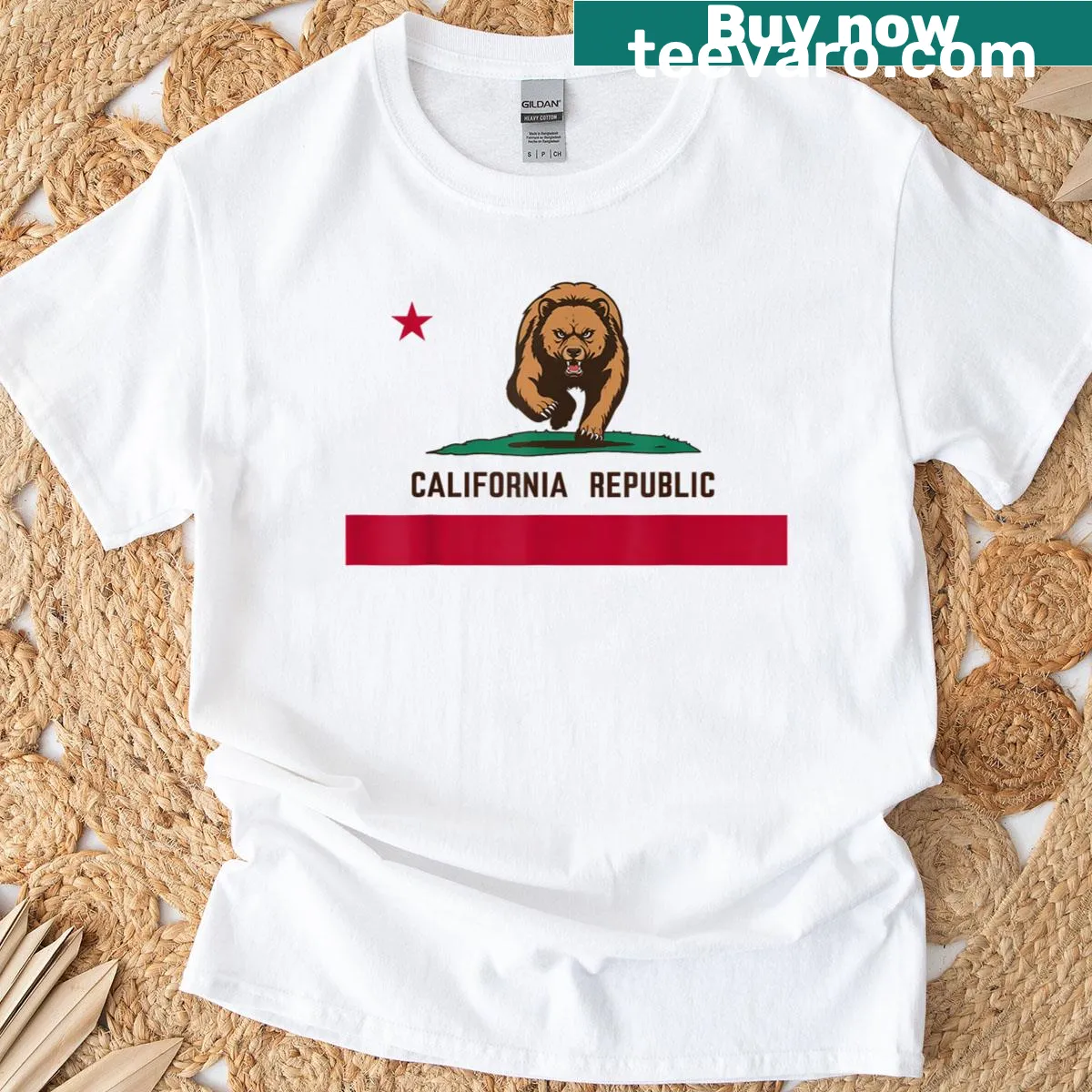 California flag bear graphic T-shirt representing Los Angeles. — on a men's t-shirt