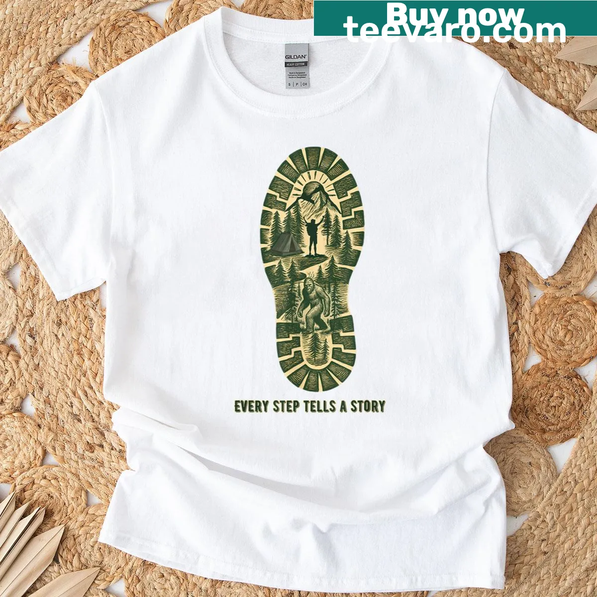 Hiking boot graphic and Bigfoot illustration on a T-shirt — on a men's t-shirt