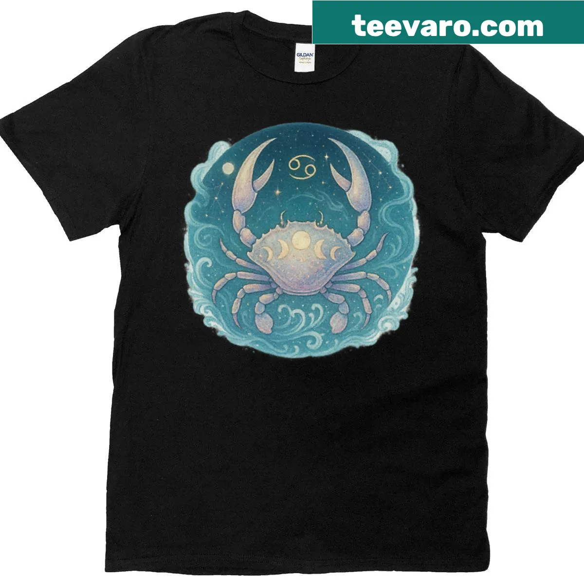 Cancer Zodiac T-shirt with lunar crab illustration — on a men's t-shirt