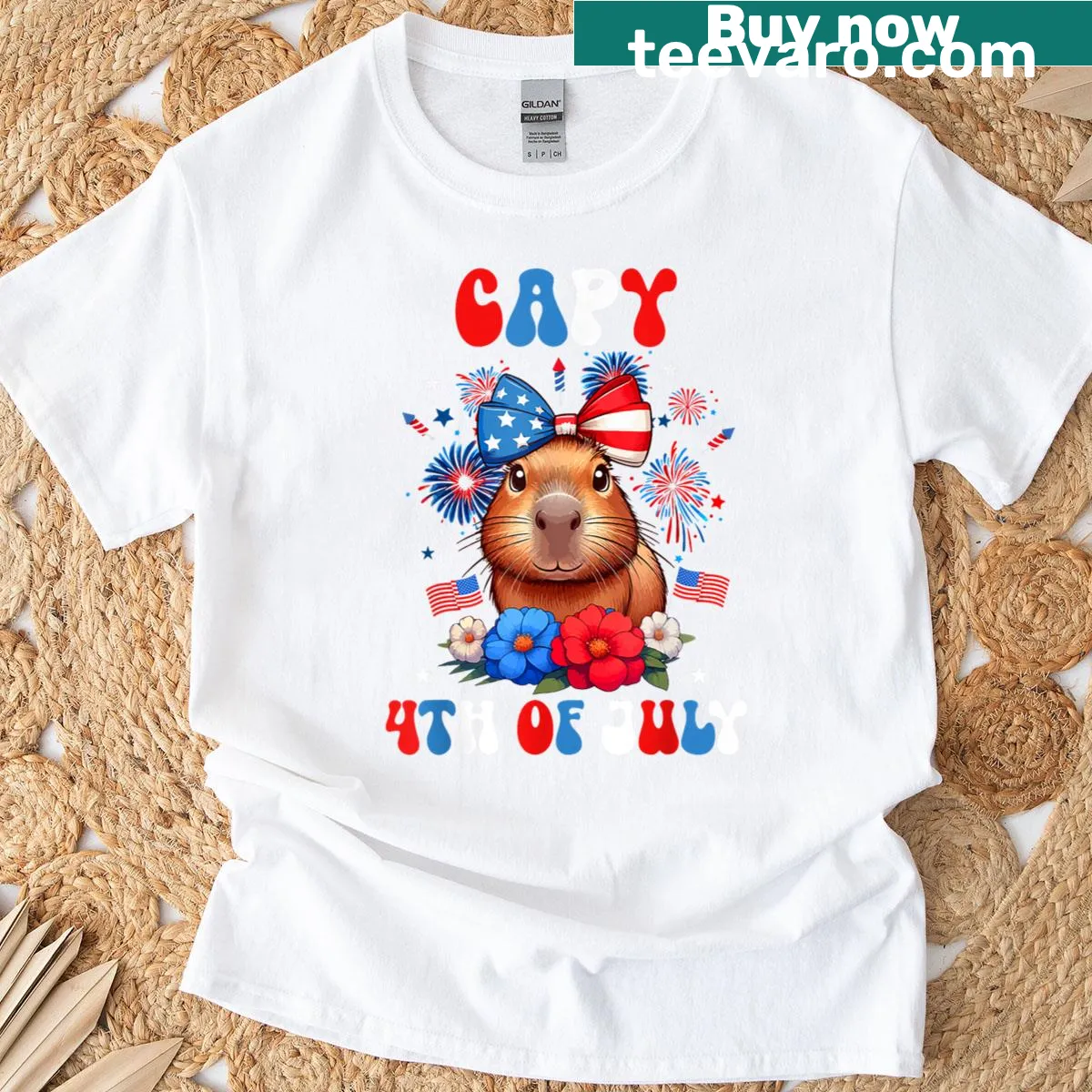 Capybara in floral costume with patriotic elements for 4th of July — on a men's t-shirt