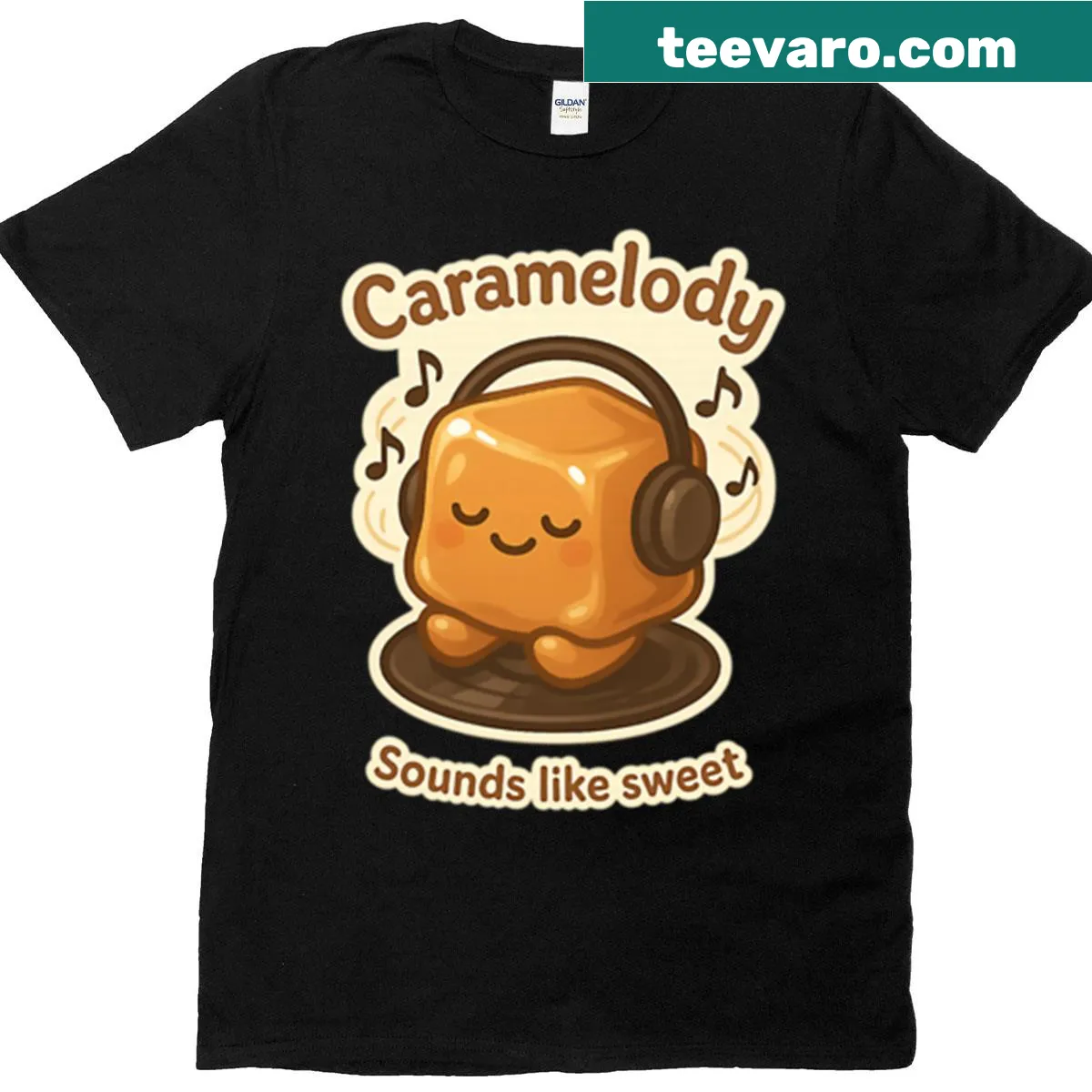 Oversized T-shirt featuring playful caramel-themed typography — on a men's t-shirt