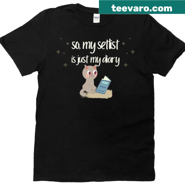 Humorous T-shirt featuring a cat comedian sharing diary confessions