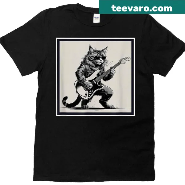 Graphic T-shirt of a cat playing electric guitar in a band