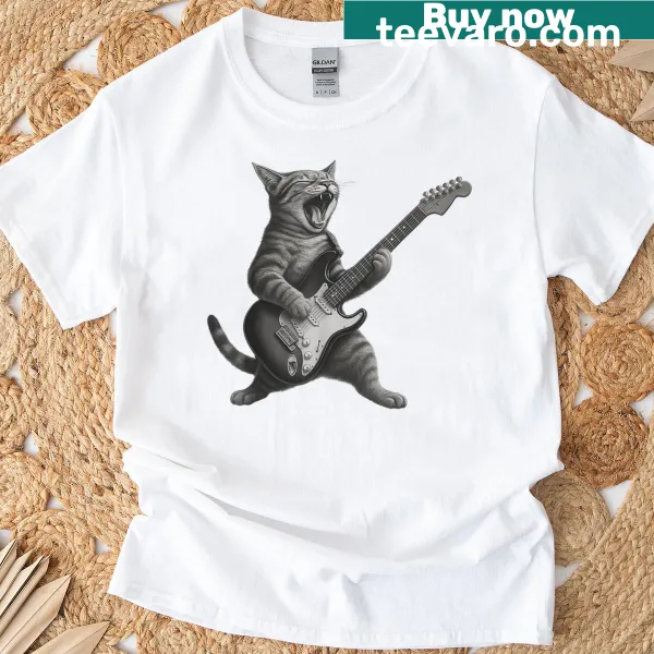 Cartoon cat playing guitar, dressed like a rock star