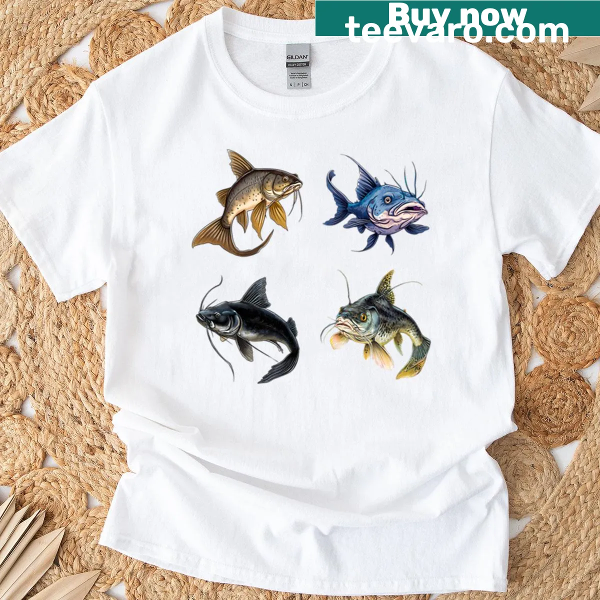 Playful illustration of catfishes combining cat and fish traits — on a men's t-shirt