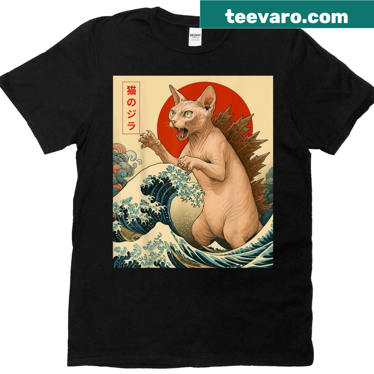 Japanese art-inspired Sphynx cat graphic on T-shirt — on a men's t-shirt