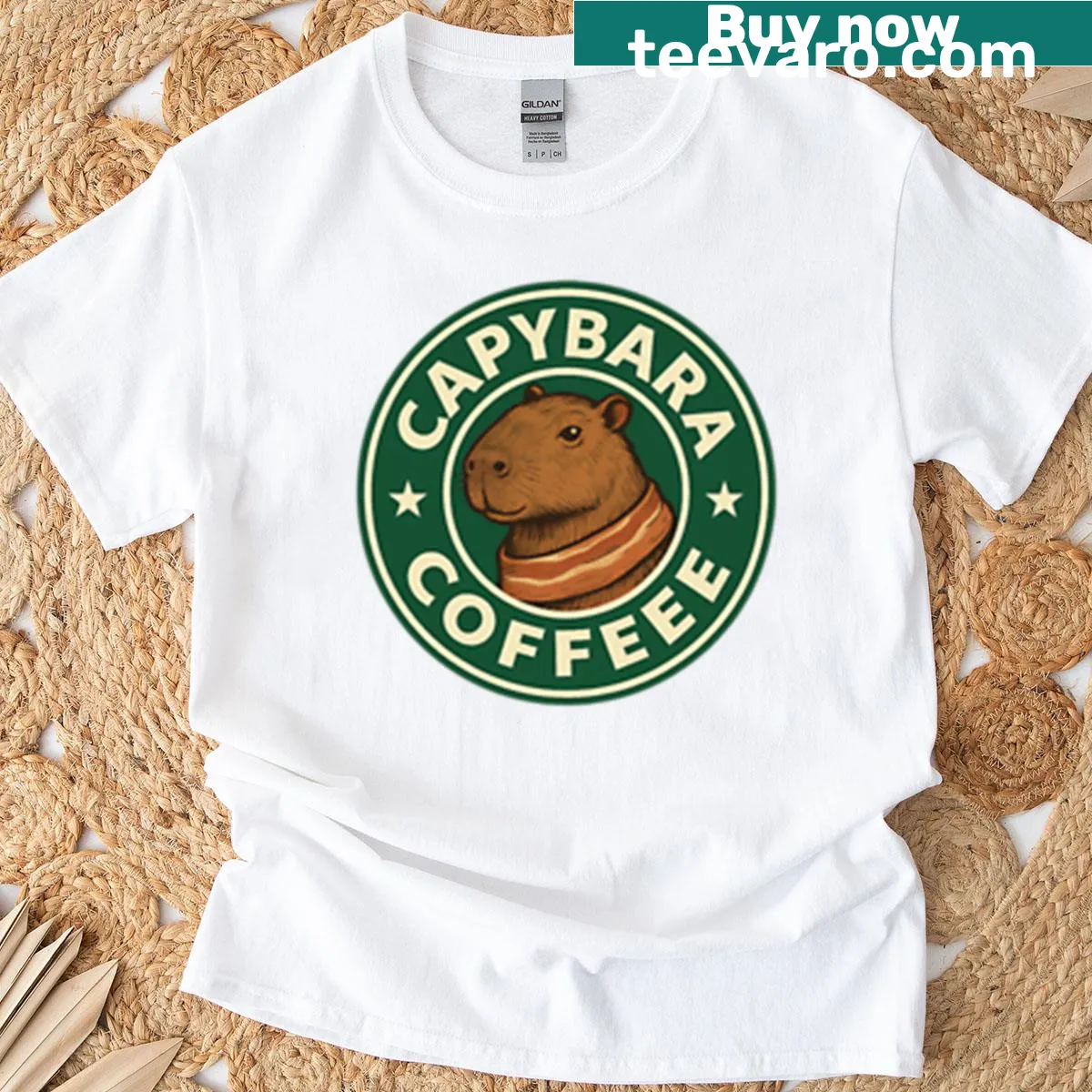 Illustration of a capybara enjoying coffee on a t-shirt — on a men's t-shirt