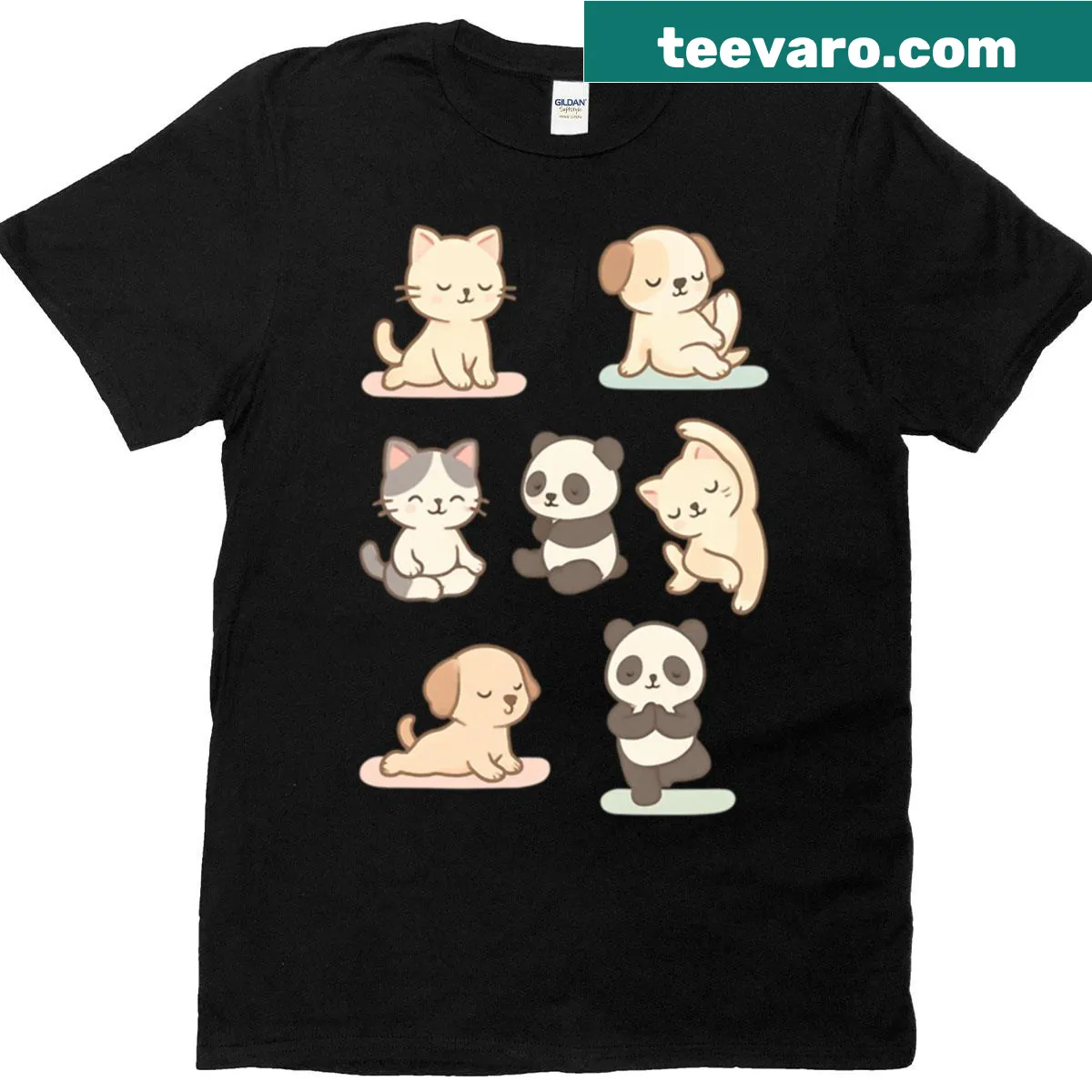 Chibi animals in playful yoga poses on a cute t-shirt — on a men's t-shirt
