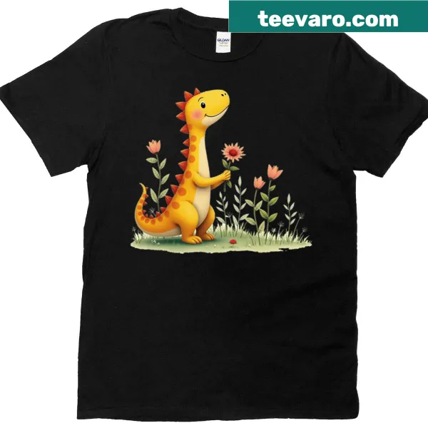 Cartoon yellow dinosaur with a flower on a t-shirt