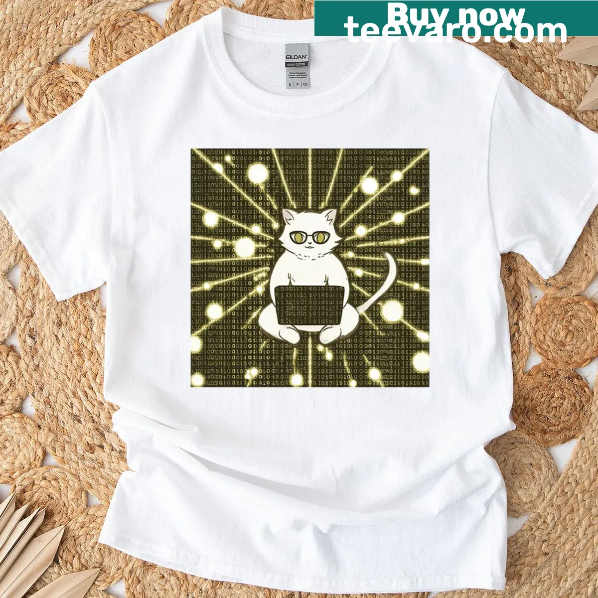 T-shirt featuring a playful graphic of a cat in a coding setting. — on a men's t-shirt