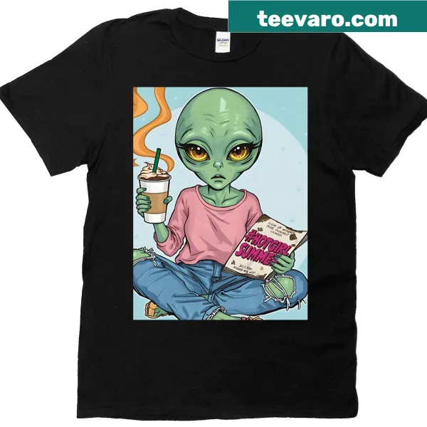 Cartoon alien with pumpkin spice latte graphic on t-shirt