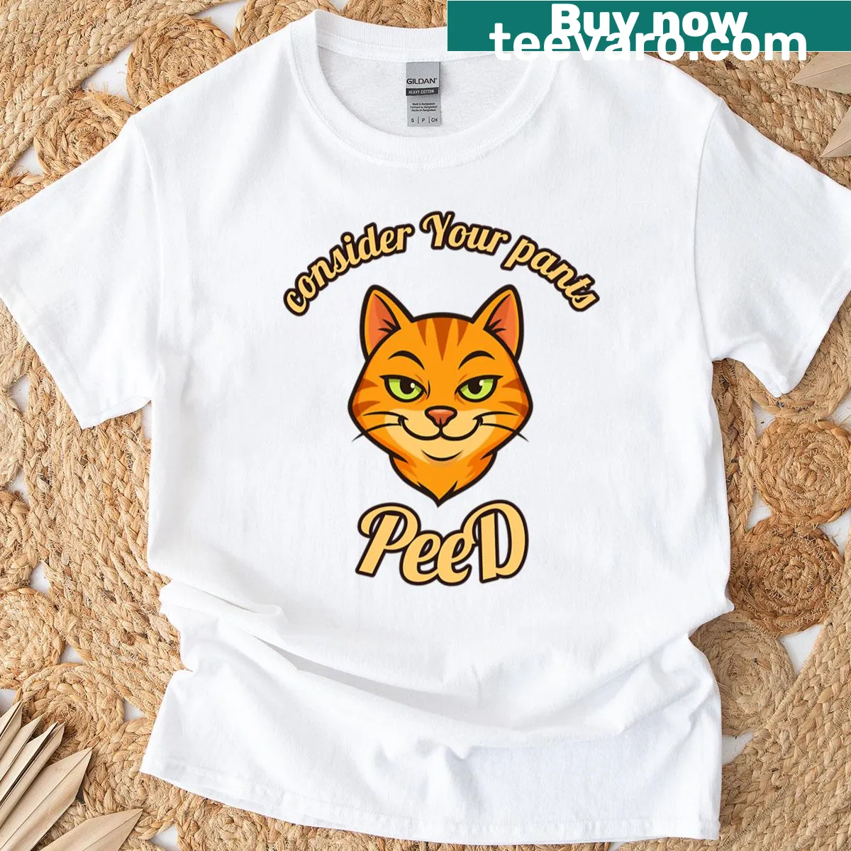 Funny cat t-shirt featuring 'Consider Your Pants Peed' text — on a men's t-shirt