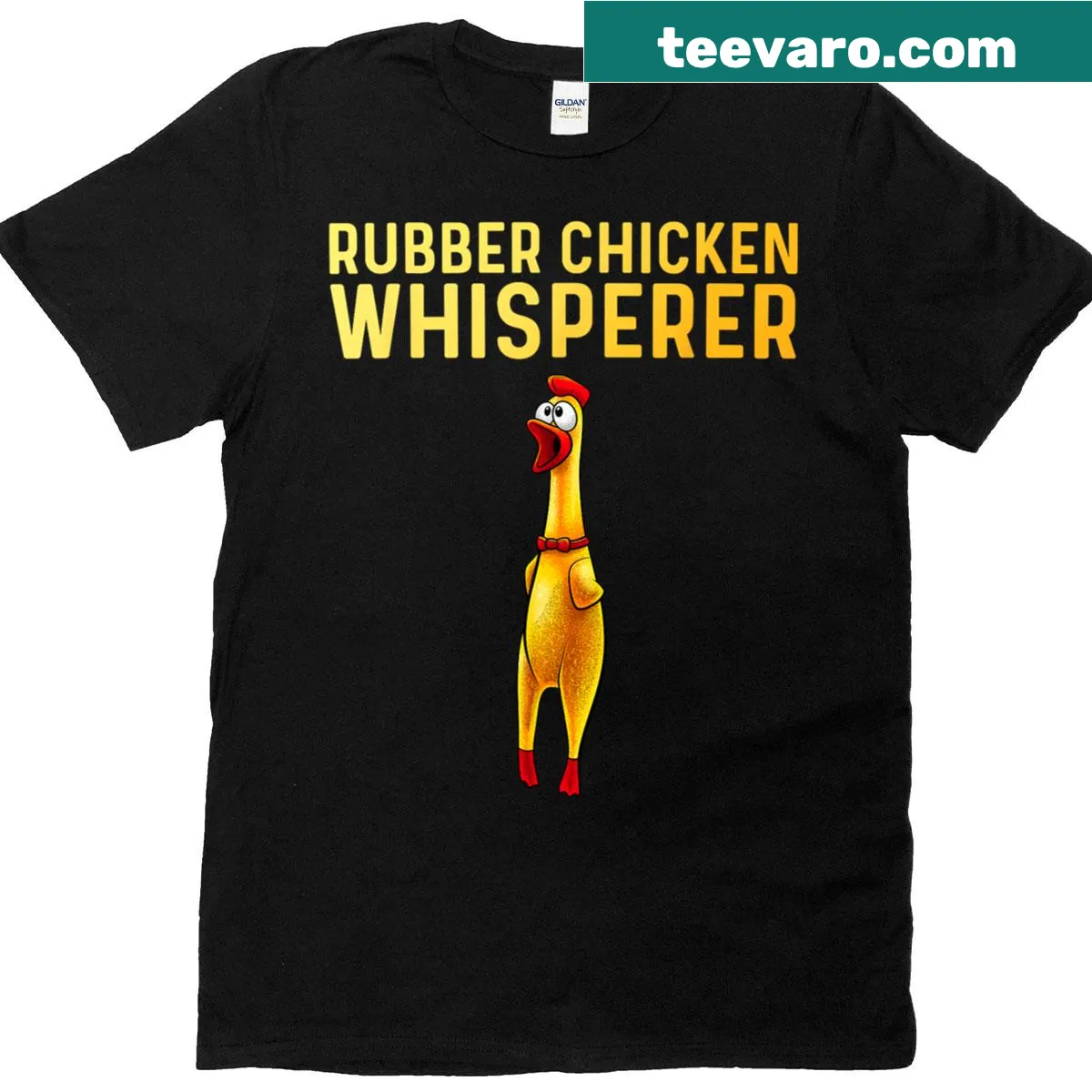 Cartoon rubber chicken graphic on a t-shirt — on a men's t-shirt