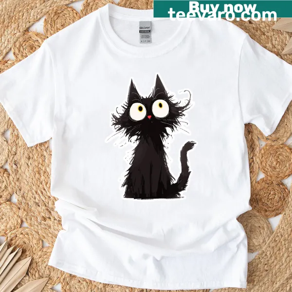 Illustrated t-shirt featuring a crazy-haired black cat