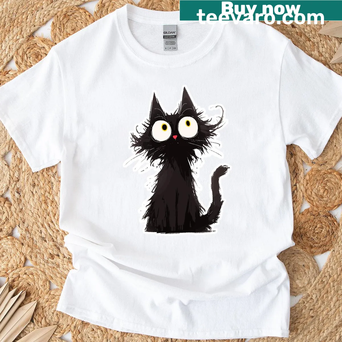 Illustrated t-shirt featuring a crazy-haired black cat — on a men's t-shirt