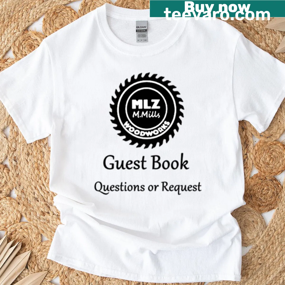 Woodworking themed graphic on Mlz Woodworks T-shirt. — on a men's t-shirt