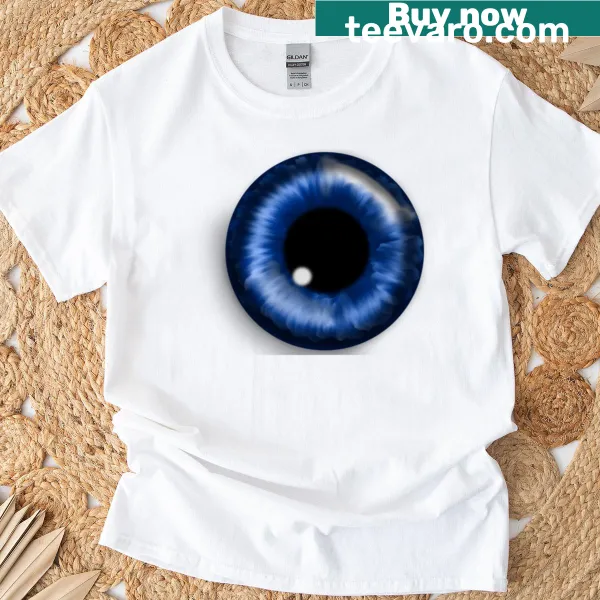 Cosmic blue eye graphic on T-shirt.