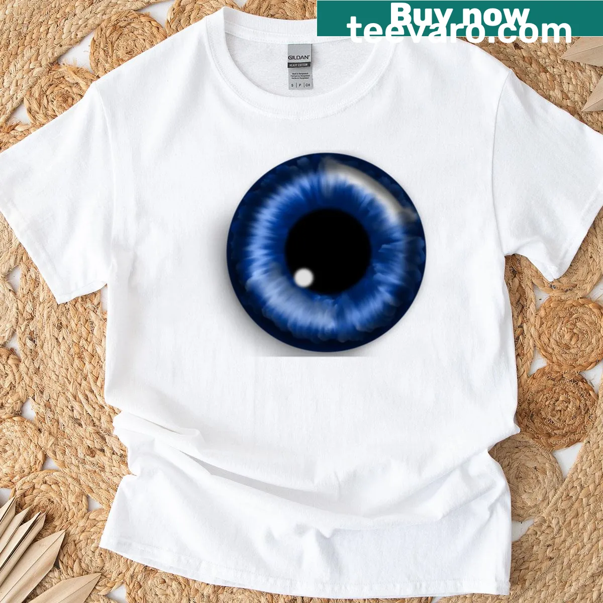 Cosmic blue eye graphic on T-shirt. — on a men's t-shirt