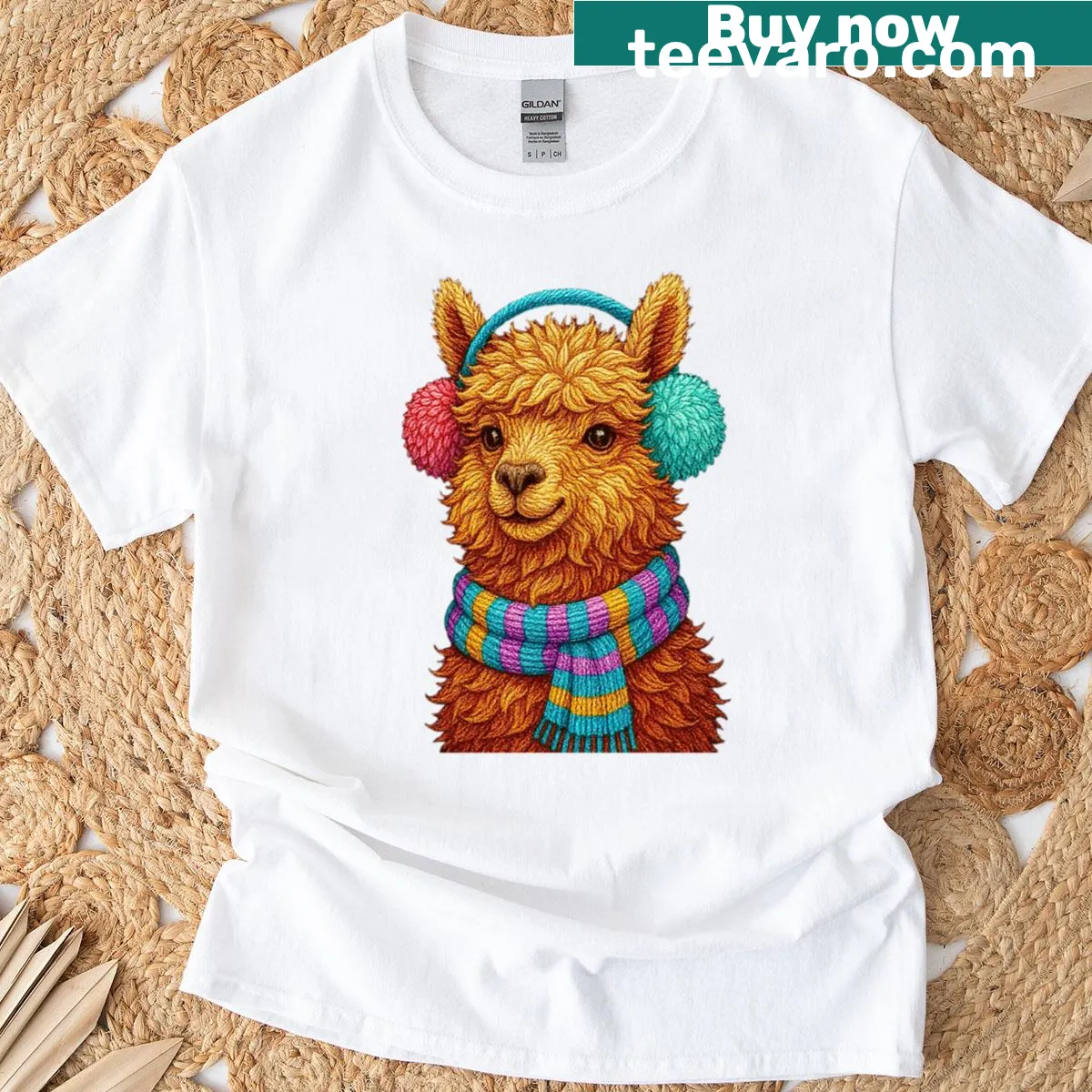 Embroidered style t-shirt featuring a cozy alpaca with ear muffs. — on a men's t-shirt