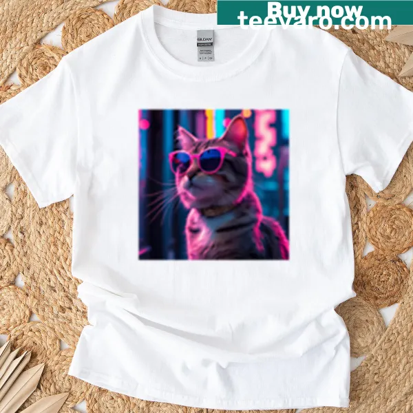 Illustrated t-shirt of a cat wearing pink sunglasses.