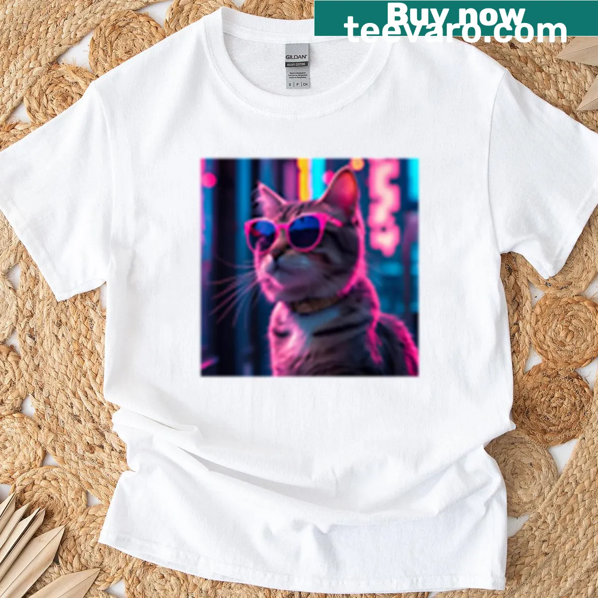 Illustrated t-shirt of a cat wearing pink sunglasses. — on a men's t-shirt