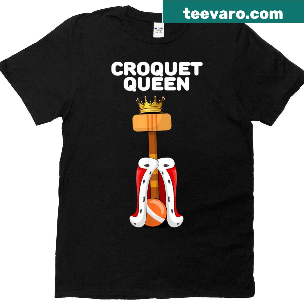 Fun Croquet Queen t-shirt with crown and mallet illustration — on a men's t-shirt