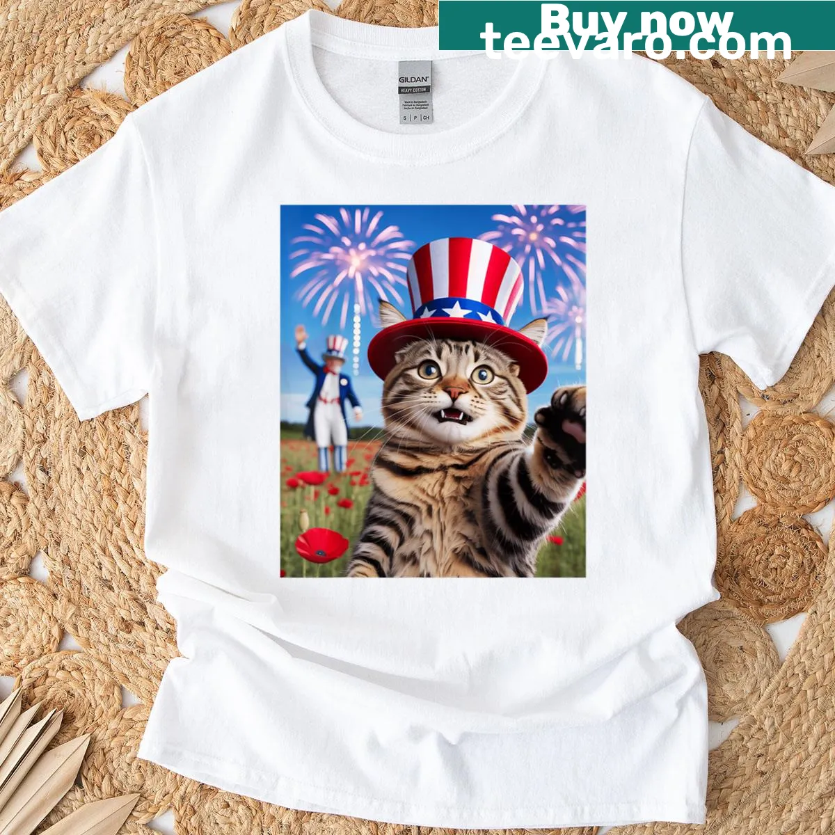 Cute cat with hat and fireworks for Independence Day — on a men's t-shirt
