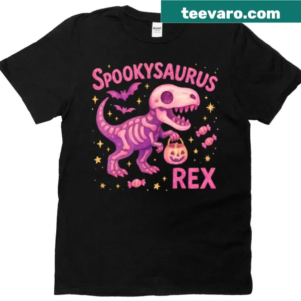 Cartoon dinosaur in Halloween-themed attire on a T-shirt