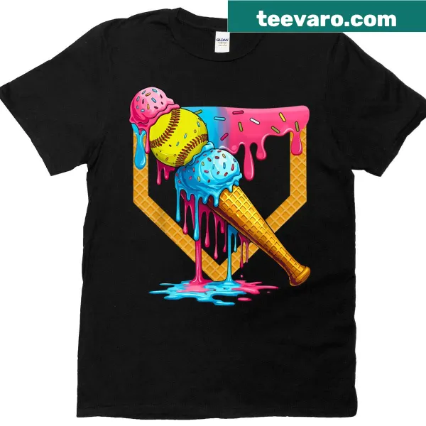 Cute softball t-shirt with ice cream dripping on a home plate illustration