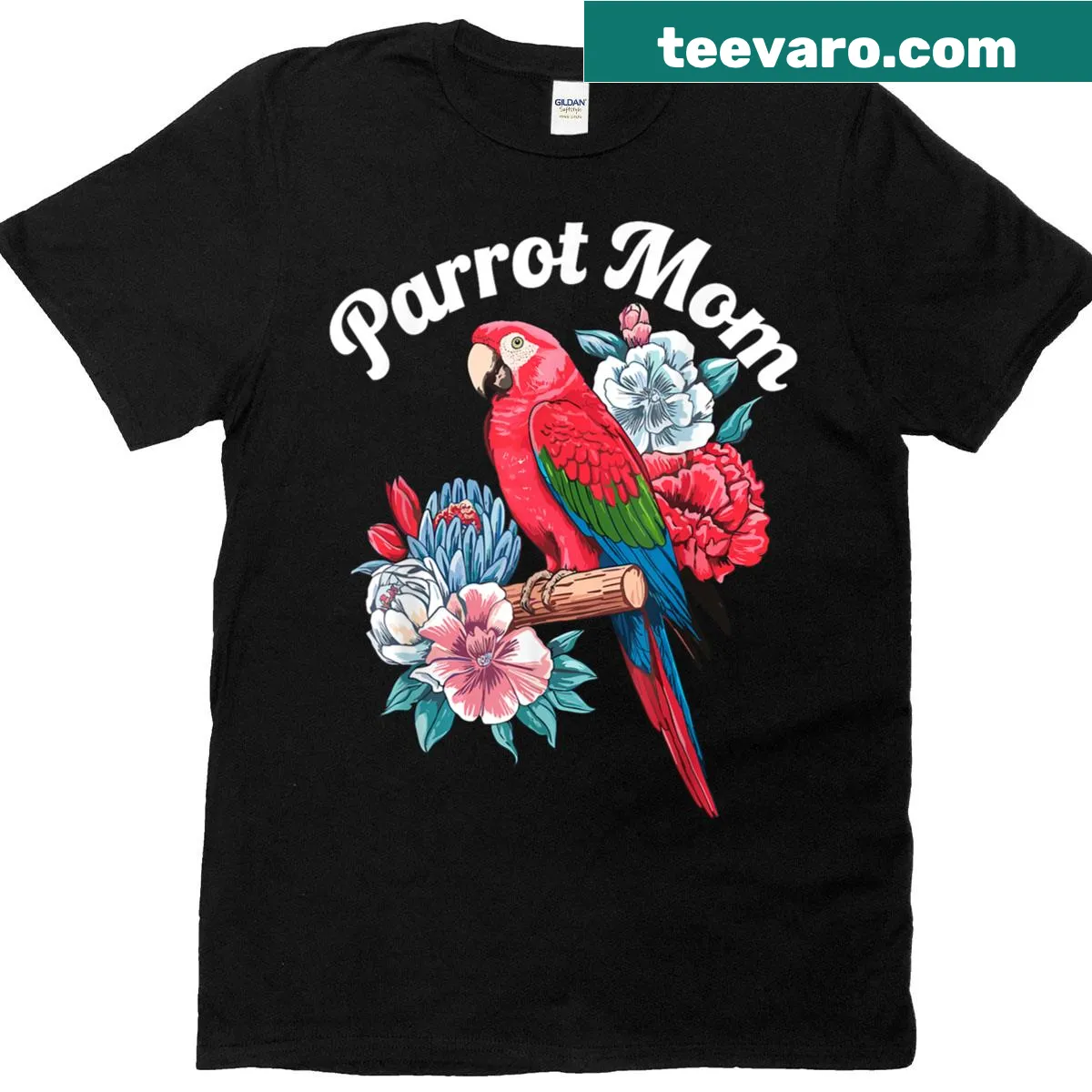 Illustrated parrot design on a women's T-shirt for parrot lovers — on a men's t-shirt
