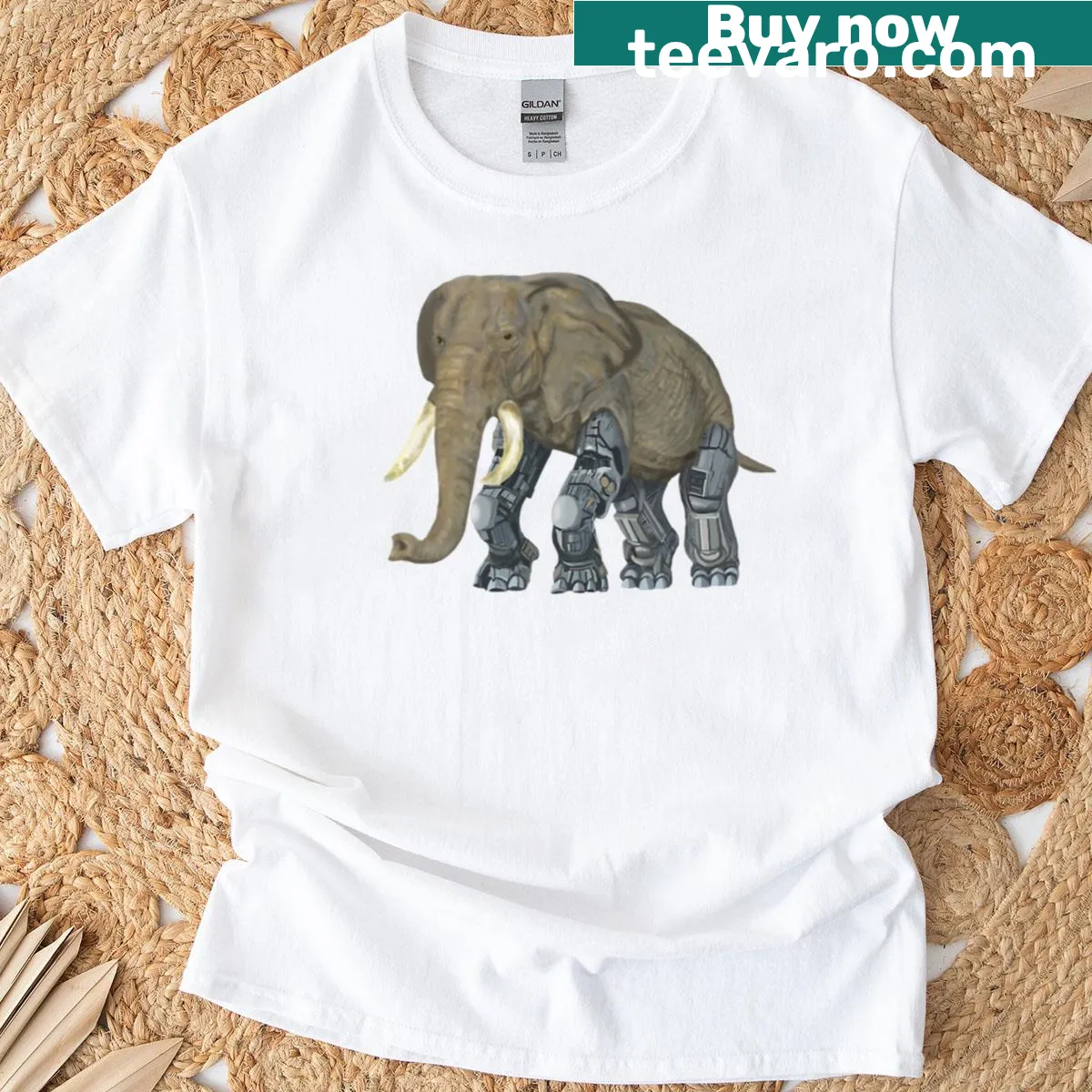 Cybernetic elephant illustration on a futuristic T-shirt — on a men's t-shirt