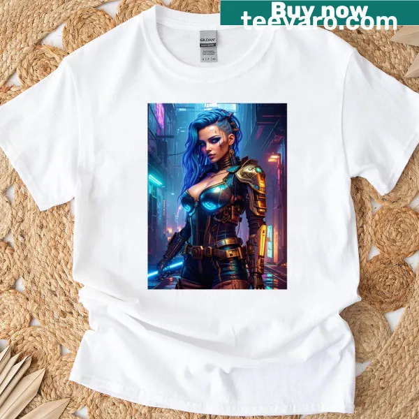 Illustration of a Cyber Woman with blue hair on an oversized T-shirt