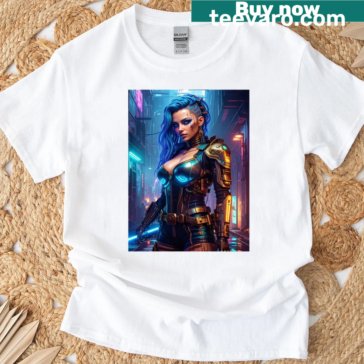 Illustration of a Cyber Woman with blue hair on an oversized T-shirt — on a men's t-shirt