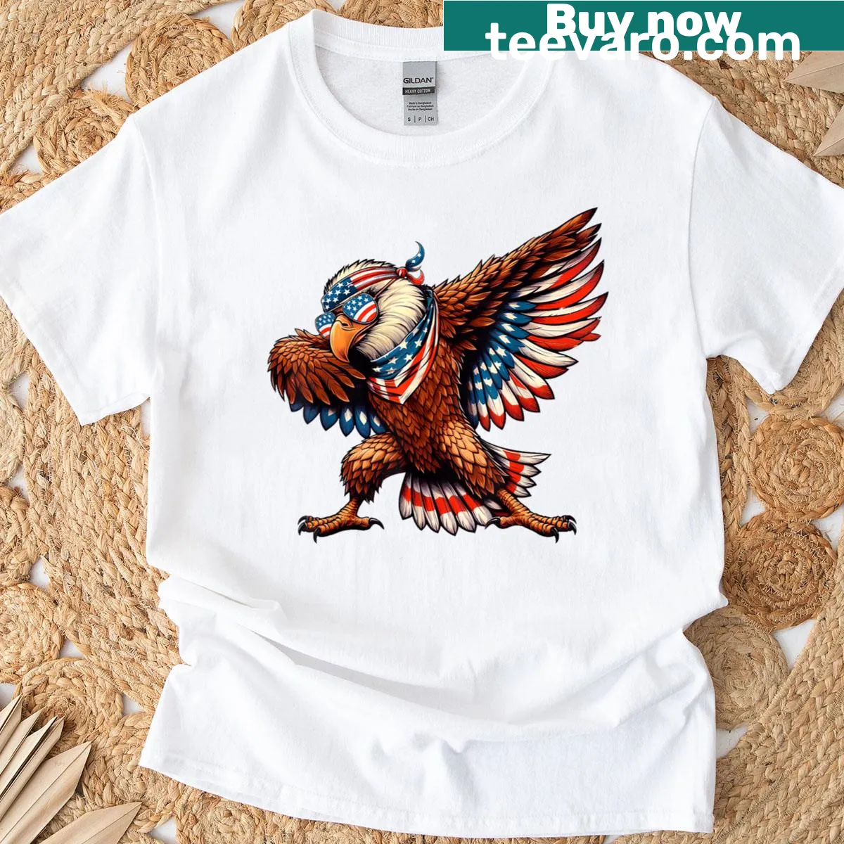Cartoon dabbing eagle on a 4th of July themed t-shirt — on a men's t-shirt
