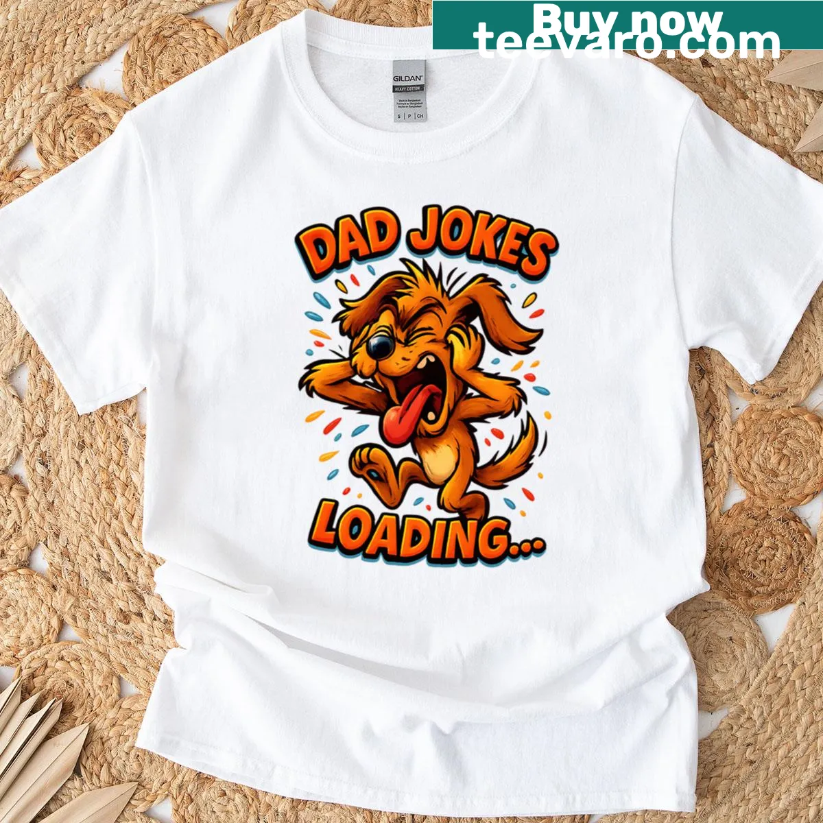 Dog-themed t-shirt with a loading bar and dad jokes text — on a men's t-shirt