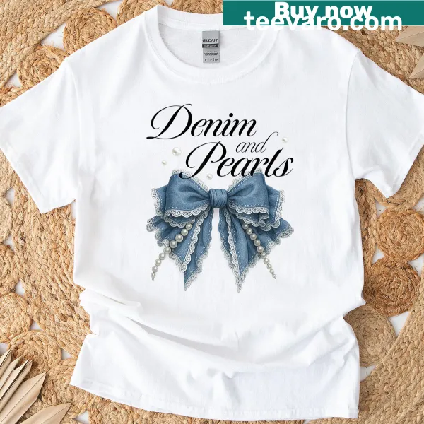 Cute T-shirt with 'Denim And Pearls' text and coquette bow