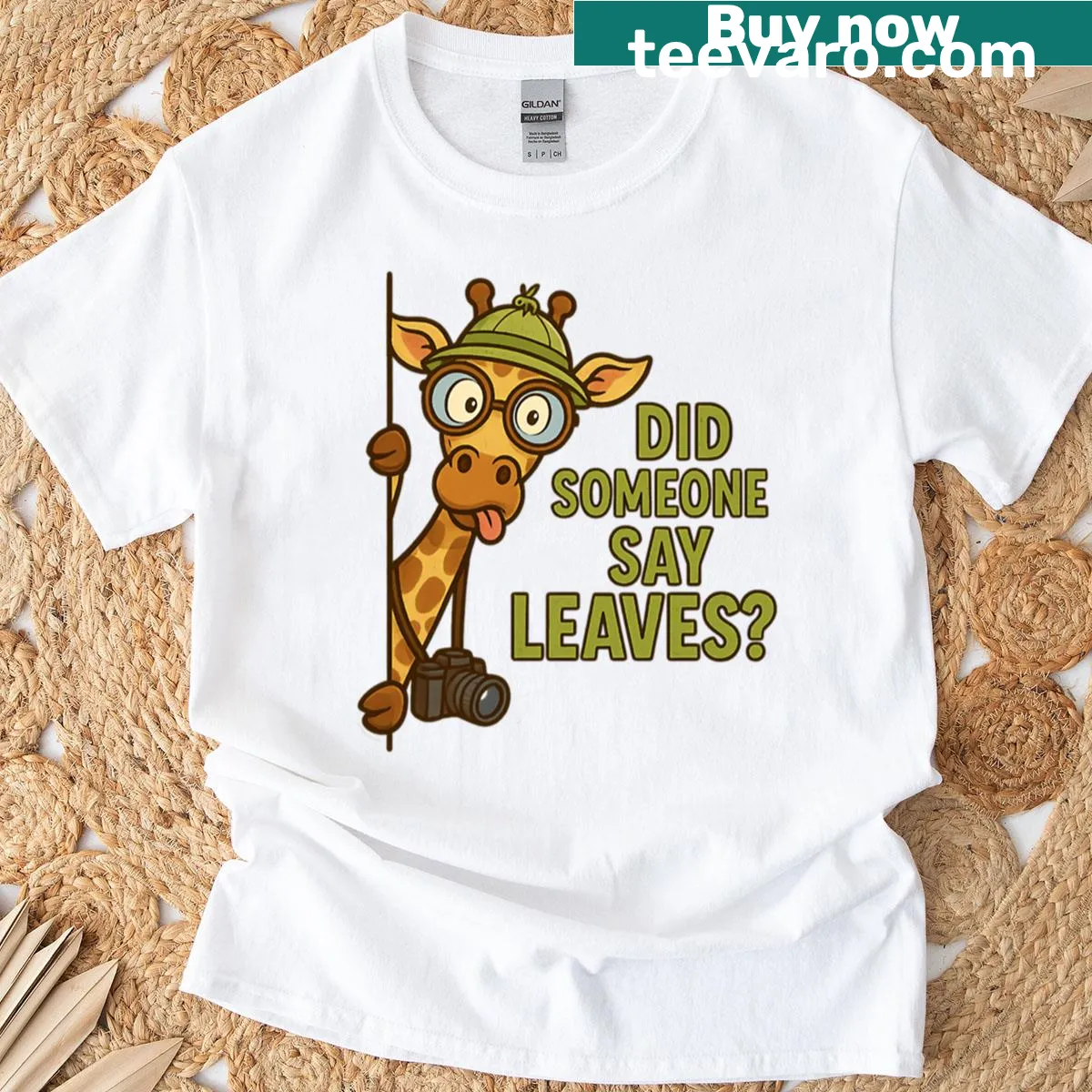 Whimsical giraffe design with leaves and humorous text — on a men's t-shirt