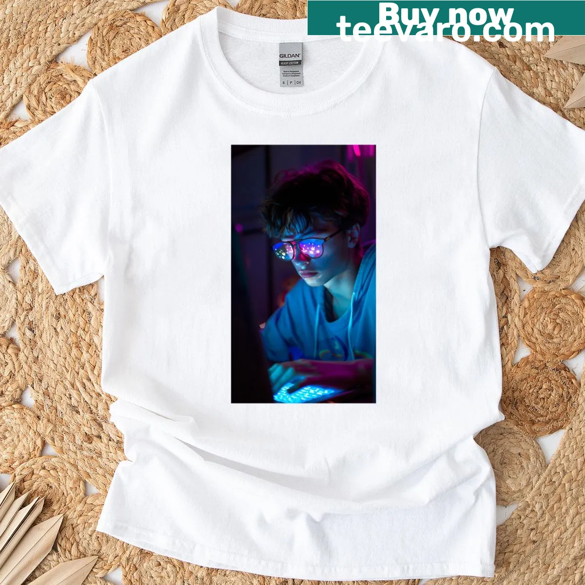 Playful graphic about digital overload on teen t-shirt — on a men's t-shirt