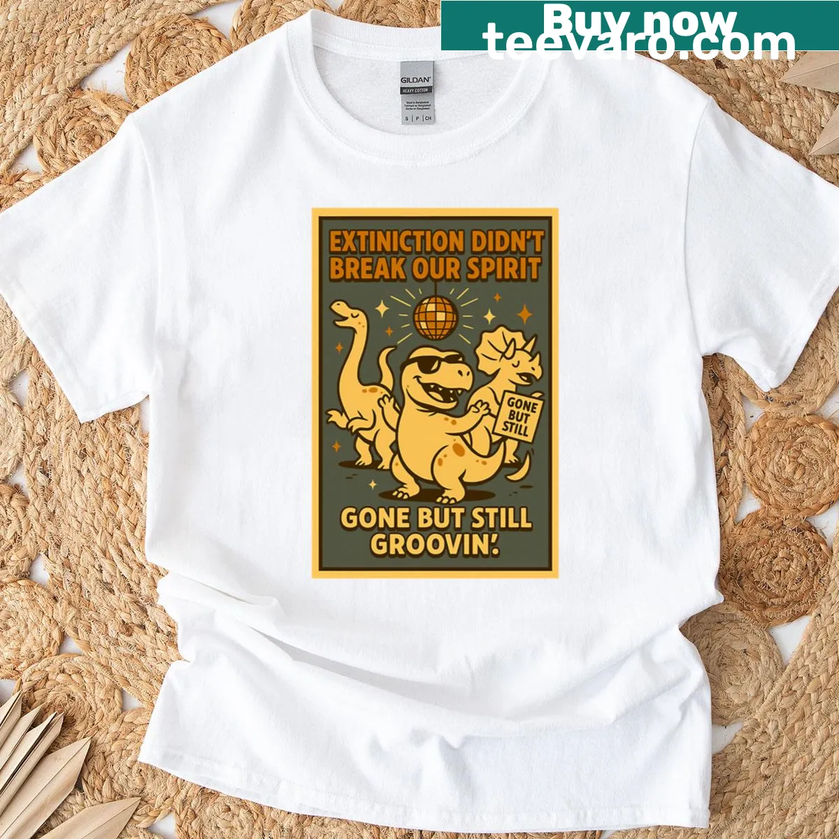 Dinosaur dancing with disco theme T-shirt — on a men's t-shirt