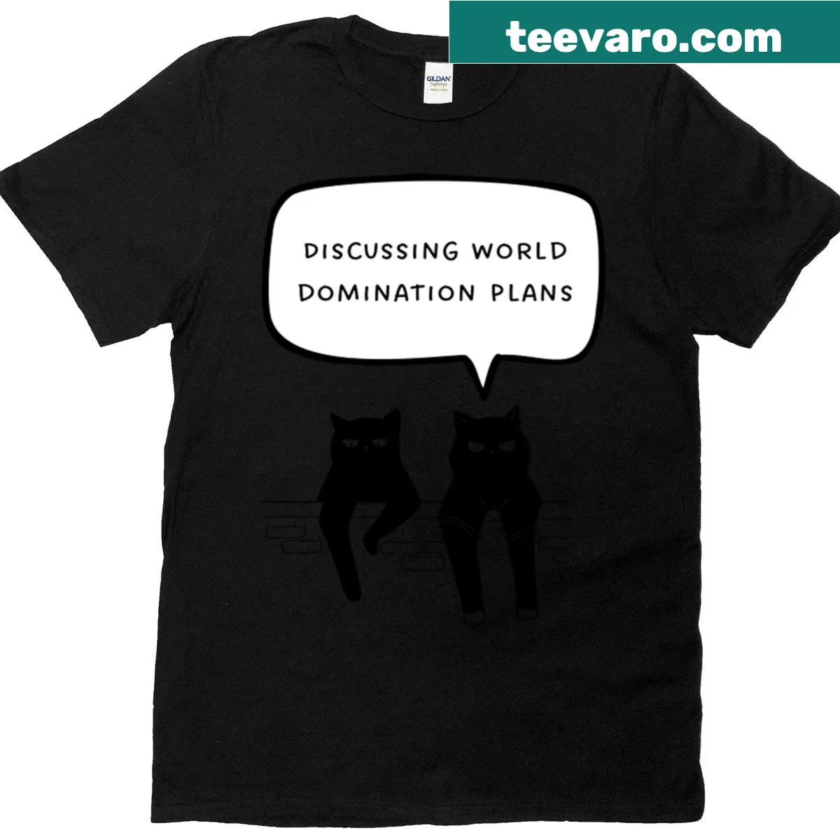Funny T-shirt featuring cats discussing world domination plans. — on a men's t-shirt
